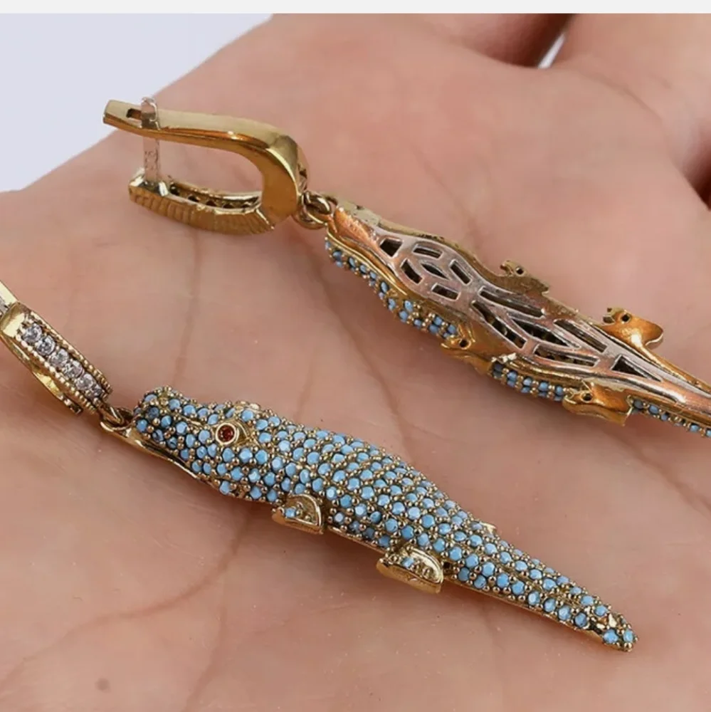 Turquoise Sterling & Bronze Crocodile Earrings - Picture 4 of 4